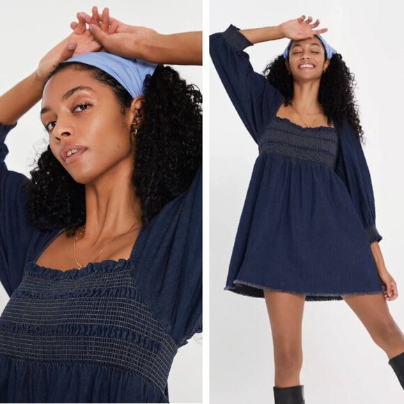 NEW Free People This Is Everything Mini Dress Bohemian Dark Denim Cottagecore - Picture 1 of 7
